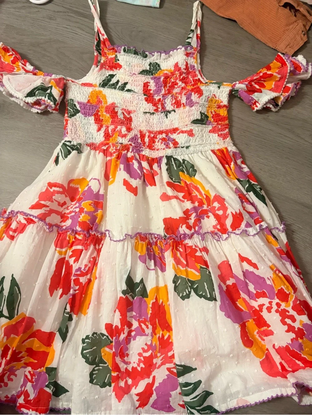 Girls' White Floral Smocked Cold-Shoulder Dress